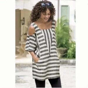 Soft Surroundings Cream Black Stripe Linen Blend Cold Shoulder Tunic Top M P